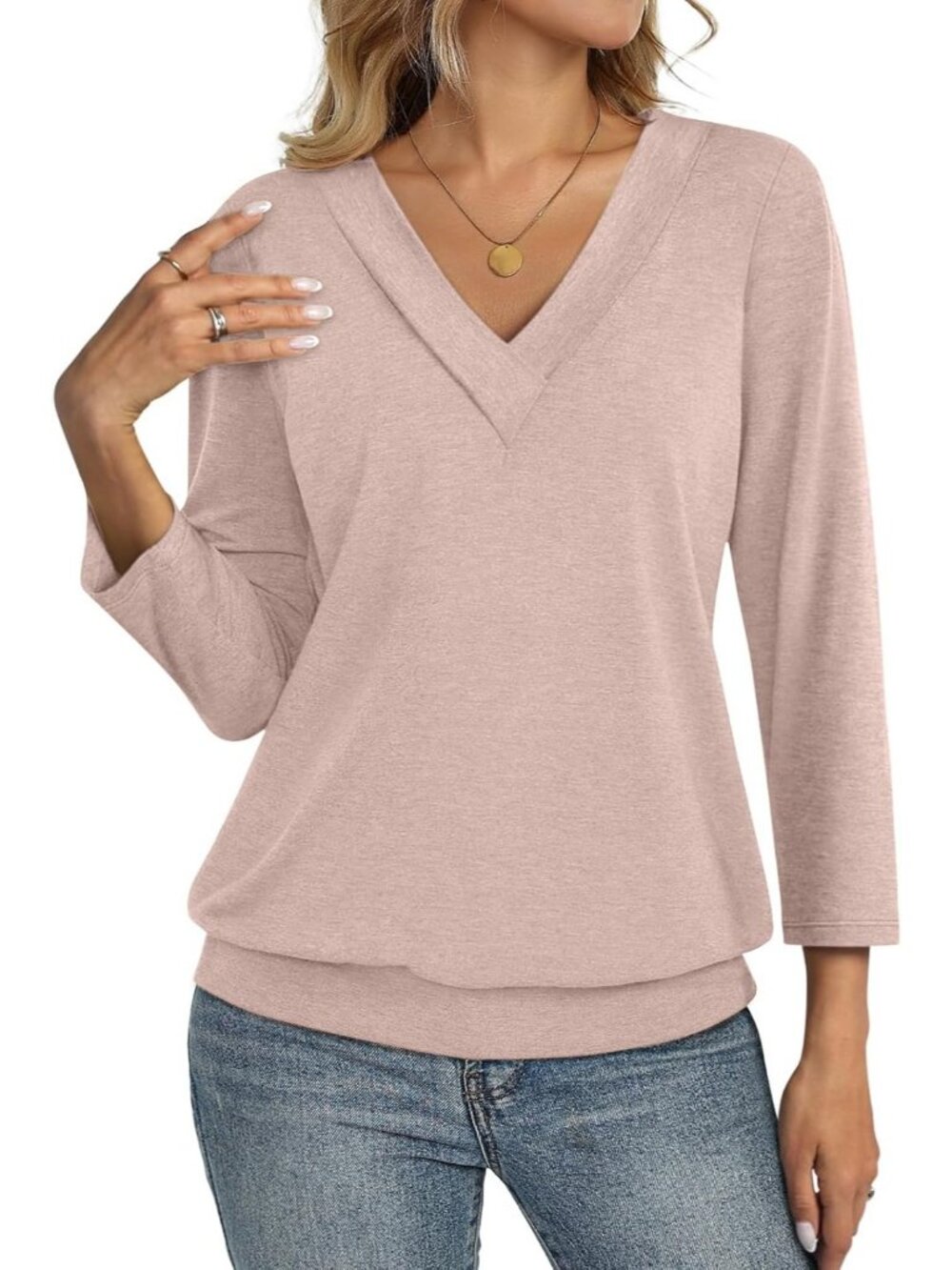 Women's Oatmeal V Neck Cotton Banded Bottom 3/4 Sleeve Shirts Casual Blouses